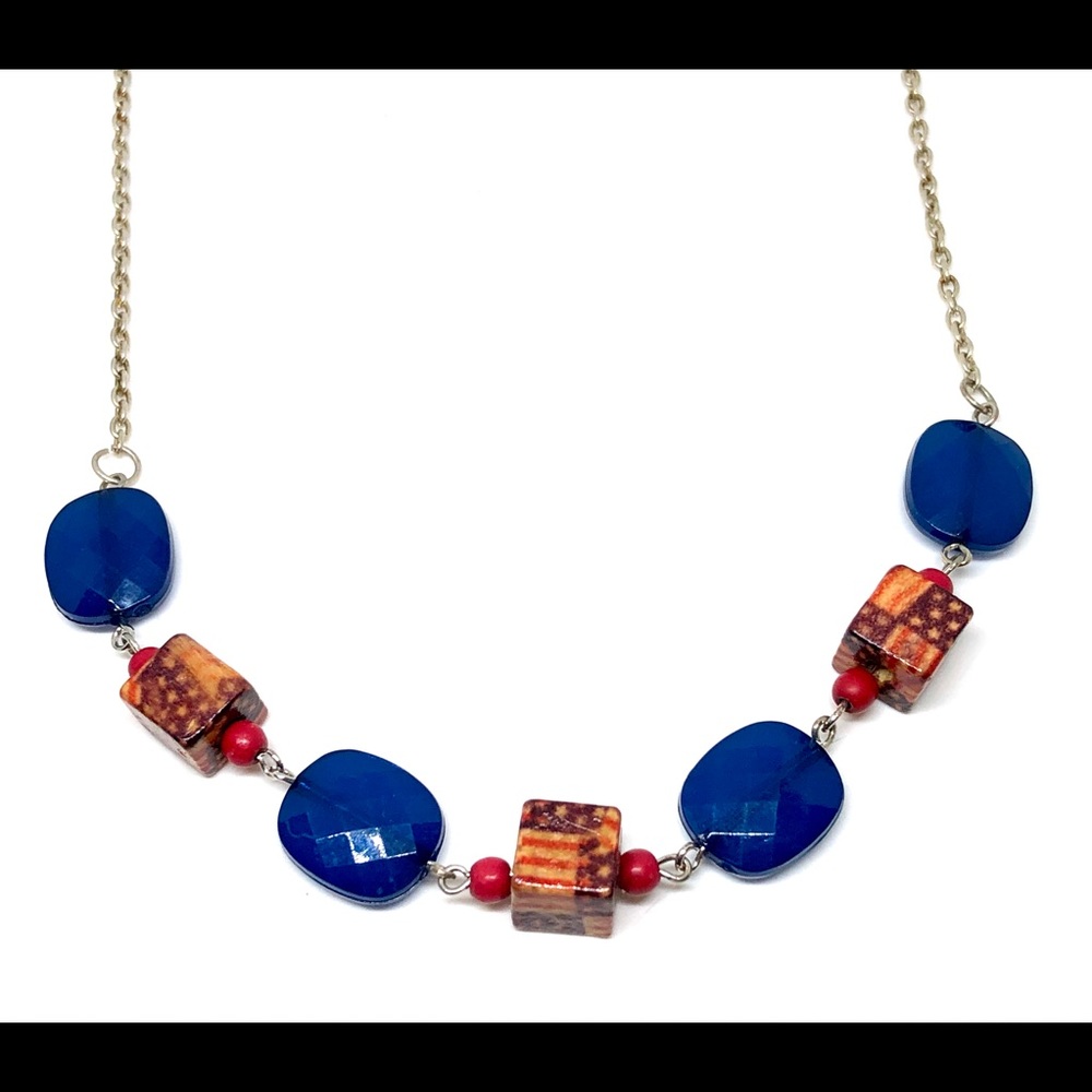 Rustic Americana US Flag Vintage Decoupage Wood Bead Patriotic Necklace USA